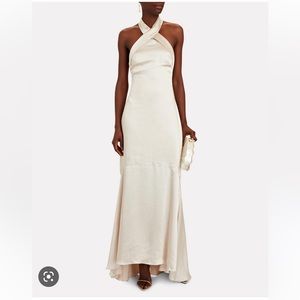 angie flared satin halter gown white